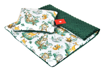 Vankúšik + deka do kočíka minky - lesné zvieratká/ zelená