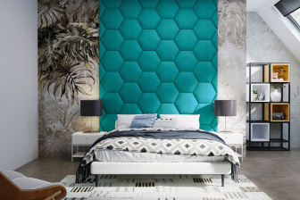 Čalúnený nástenný panel plot Hexagon 50 x 43,5 x 3 cm zelenomodrá